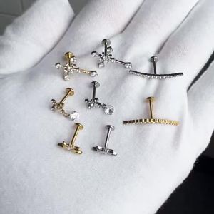 5/1PCS G23 Implant Titanium CZ Coss&Arc Flower Labret Lip Stud Chain Zirconia Paved Internal Ear Helix Daith Lobe Earrings