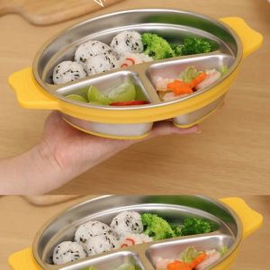 Stainless Steel Kids Tableware Integrated Compartment Plate Sucker Fixed Baby Drop-Resistant Complementary Food Childrens Dinner Plate