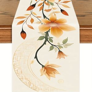 1 Piece of Elegant Floral Table Runner - Orange Flowers and Leaves for Autumn Decoration Warm Orange and Cream Colors Suitable for Restaurants Homes Cafes Artisan Markets and Soft Furnishings Displays.