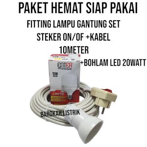 Paket hemat Fitting Lampu Gantung+Steker ON/OF/Kabel Serabut 2X0.75/10Meter+Bohlam Lampu LED 20 watt