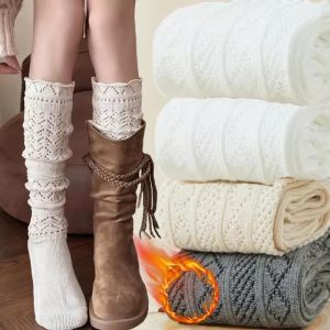 New Korean Autumn Winter Cotton Knitted Mid-Calf Socks Hollow Out Fashion Cozy Leg Socks Cover for Women Girls Long Stockings