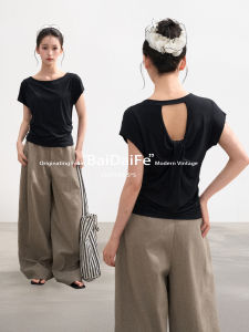 BAIDAIFEI | Black Lace-up Hollow Out Back Straight Shoulder Short Sleeve Tee
