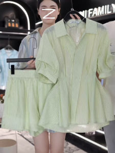 Womens Lightweight Short Sleeve Casual Shirt and Pants Set Summer Green Embellished Ruffles Polo Collar Loose Fit