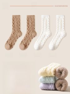 JINGCHI | Womens Cashmere Wool Socks Thickened Mid-calf Autumn Winter Style Sleep Floor Long Socks Warm Cozy Extra Thick Winter Socks