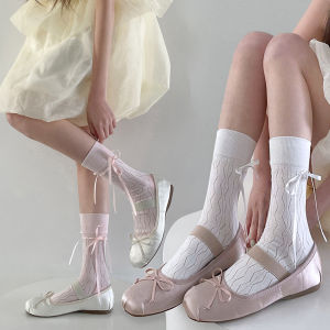 [Small Chrysanthemum] 1 Pair Fashion Ballet Style Ribbon Bow Socks Sweet Cute Breathable JK Bowknot Mid Tube Socks Women Summer Simple Calf Socks