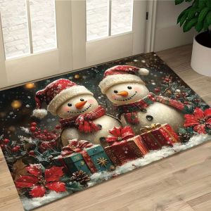 VIKAMA Christmas Snowman Welcome Mat Winter Snowy Door Rug Poinsettia Entrance Floor Mat Non Slip Soft Xmas Holiday Decoration