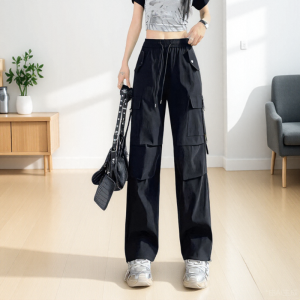 Quần Ống Rộng Ống Đứng Nhanh Khô Mỏng Mùa Xuân Hè Phong Cách Mới Quần Công Sở Nữ Cạp Cao Dài Thường Ngày Bằng Polyester