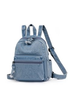 Retro Denim Casual Travel Backpack Durable Womens Shoulder Bag Soft Handle No Waterproof Zipper Closure 11 Inch Laptop Compartment