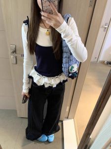 Unique Color Block Long Sleeve T-Shirt Womens Spring Autumn Outerwear Chic Strap Base Shirt Top Korean Style Commute Wind