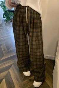 plus Size Wide Leg Pants Color Block High Waist Trousers Womens Casual Straight Floor-Length Pants American Retro Style