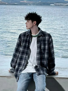 Dark Blue Gingham Shirt Mens Idle Style Early Autumn Korean Style Wear Match Long Sleeves Shirt Fancy Handsome Outwear Fashion