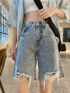 High Waist Wide Leg Jeans Shorts Women Summer New Style Korean plus Size Loose Fit Five Inches Wide Pants Tear Design