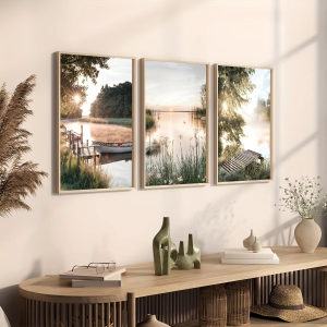 3pcs Set Modern Rustic Landscape Canvas Art Prints - Frameless Geometric Triptych Wall Posters - Serene Lake and Wooden Canoe Na