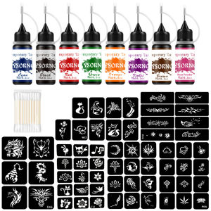 8 Bottles Temporary Tattoo Kit 8 Color Temporary Tattoo Ink with 62 Tattoo Stencils for Halloween Body Paint Art DIY Fake Tattoo