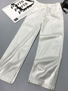 American Style Retro Silver Shiny Coat Straight Leg Jeans Metal Luster Slimming Casual Pants Long Trousers for Women
