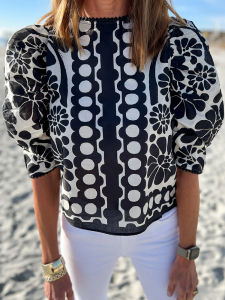 เสื้อเชิ้ตคอตั้งพิมพ์ลายดอกไม้แขนสั้นหลวมๆ สำหรับผู้หญิง เสื้อเชิ้ตแขนกุดสไตล์ยุโรป ทรงหลวม สไตล์สตรีท