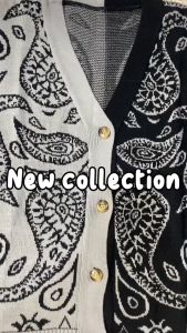 Hana Cardigan Rajut Wanita Oversize / Cardi Rajut Lengan Panjang Wanita / Outer Cardi Rajut Kombinasi 2 Tone / Atasan Wanita Motif Batik Daun