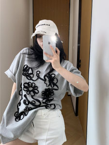 Oversize Casual Cotton Short Sleeve T-Shirt Womens Loose Fit Summer Chic American Style Embroidery Flower Patchwork Top