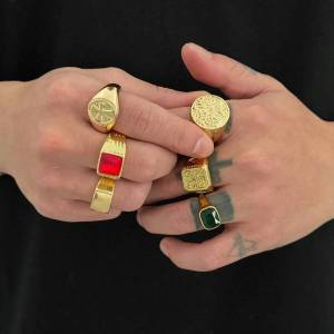 Ingemark | Ingemark 6Pcs/Set Retro Gold Color Signet Chunky Rings Men HipHop Punk Red Green Acrylic Rhinestone Finger Ring Party Jewelry