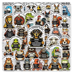 50 Pcs Animal Mugshot Stickers Hand Drawn Funny Waterproof Vinyl Decals for Water Cup Skateboard Laptop Phone Case Gift