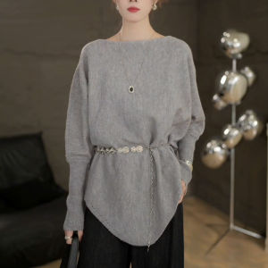 Gray Slimming Sweater Womens Casual Style Commute Waist-Cinching Autumn New Fashion Simple Elegant Korean Version Long Sleeve