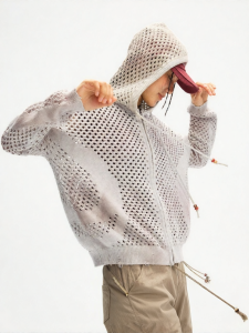 Monterest | Retro Helical Mesh Water Wash Spray Color Loose Hooded Knit Sweater
