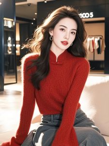 เสื้อสเวตเตอร์ถักสีแดงสำหรับผู้หญิง ฤดูใบไม้ร่วง/ฤดูหนาว เสื้อชั้นในอบอุ่น ดีไซน์ใหม่ 2024 แฟชั่นจีน แขนยาว ปกติ