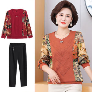 Fashionable Midlife Mom Autumn Outfit Long Sleeve T-Shirt Top 50 Years Old Womens Clothing Set Elegant Commute Style V-Neck Polyester Fiber