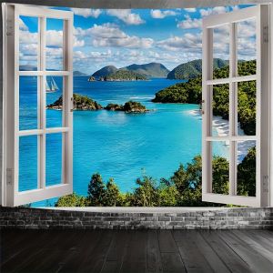VIKAMA Nhiệt Đới Blue Bay Island Tấm Thảm Cửa Sổ Nhìn Ra Cảnh Biển Thiên Nhiên Treo Tường Cho Phòng Khách Trang Trí Phòng Ngủ 100% Polyester
