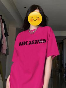 เสื้อยืดผ้าฝ้ายสําหรับผู้หญิงแขนสั้นพิมพ์ลายหลวมพอดีความยาวกลางความยาวยาวเก๋สไตล์ฮ่องกงฤดูร้อนสวมใส่