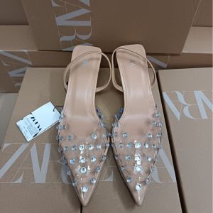 【Ready Stock】ZA transparent sandals 2024 rhinestones European and American hollow all-match pointed high heels