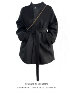 plus Size Womens French Vintage Black Stand Collar Woolen Coat Autumn Winter New Style Waist Cinched High End Feel Open Cardigan Windbreaker