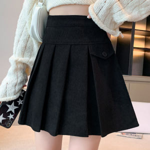Autumn Winter Vintage Corduroy Pleated Skirt Woman High Waist Casual Short Sweet Mini Skirts Lady