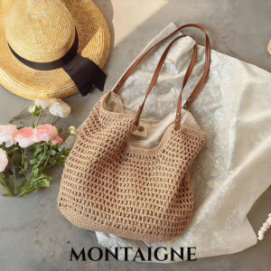 หมวกฟาง Montaigne คลาสสิกสําหรับผู้หญิง ฤดูใบไม้ผลิ ฤดูร้อน ม่านบังแดดชายหาด หลากหลาย หมวกชาวประมง สไตล์ลำลอง โดม เสื้อท่อนบน ชายคาสั้น