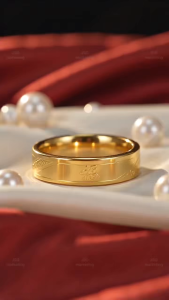 Gold Fu Character Engraved Ring Adjustable Lucky Blessing Band Jewelry Gift for Men Women Couple