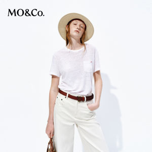 MO&Co. | 2026 New Season Linen Blend Lightweight Embroidered Slogan T-Shirt