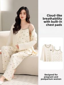 Miiow | Pregnant Women Sleepwear Thin Summer Home Clothes Set With Chest Pad Maternity Postpartum Ladies Long Sleeve Round Neck Dress