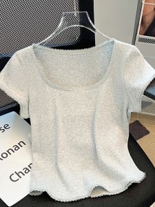 New 2024 Lace Splice Grey Short Sleeve T-Shirt Womens Shoulder Pure Cotton Square Collar Clavicle Slim Fit Short Style Summer Top