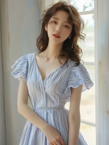 Mensonge French Style Summer Vacation Long Dress Waist Cinched Blue Stripes Womens Clothing Commute Slim Fit Polyester Blend