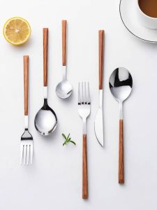 Creative Stainless Steel Imitation Wood Handle Fork Spoon Western Tableware Dessert Spoon Cutlery For dinner