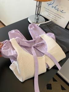 Spring College Style Womens Knitted Vest And Shirt Set Purple Layering Fashionable Two-Piece Suit for Young Adults