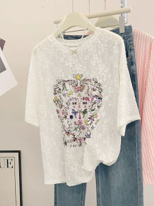 PAIBOLI | Summer New Style Sweet Spicy Girl Lace Splice Short Sleeve T-Shirt Vintage Draping Print Design Korean Loose Fit Floral Pattern