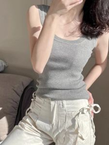 เซ็กซี่ ถัก เสื้อกั๊ก ผู้หญิง ฤดูร้อน แขนกุด ชั้นฐาน เสื้อกล้าม พร้อม ชุดสูท สลิมฟิต ชุดทํางานสีบริสุทธิ์ยาวสั้น I-type