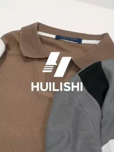 HUILISHI Men Color Block Side Striped Ribbed Knit Polo Shirts V Lapel Collar Breathable Stretch Light Business Short Sleeve Top