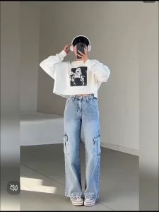 Blue Cargo Jeans for women American high street multi-pocket high waist loose straight casual Pants