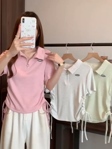 COD✅ Malaysia Ready Polo Neck Zip Front Crop Top Womens Fitted Short Sleeve Adjustable Drawstring Waist Tie Casual Blouse