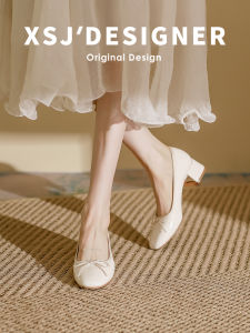 LIQIXIEFANG | Silver Leather French Bow Ballet Style Mid Heel High Heels