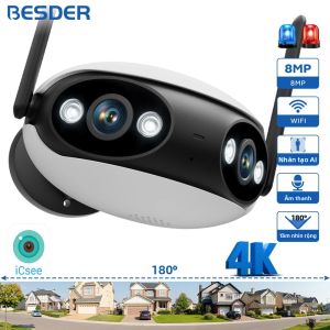 Camera IP BESDER 4K 8MP Toàn Cảnh 180 Độ °   Góc Nhìn Rộng Giám Sát Wifi Ngoài Trời Tầm Nhìn Ban Đêm Camera Quan Sát An Ninh Trắng/Đen