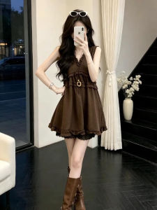 PEIZIXUAN | French Coffee Color Sleeveless Polka Dot Mini Dress For Summer Petite Figure Flattering