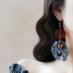 Elegant Blue Carved Floral Heavy Work New Chinese Style Wedding Ear Cuffs Youjuclub Fresh out Fashion Jewelry Accessories